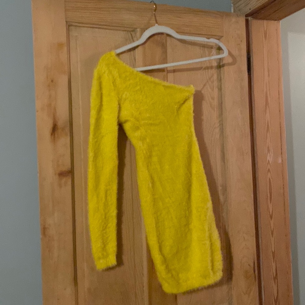 Yellow fuzzy bodycon dress, one shoulder